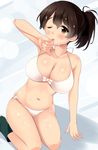  ;p arm_support bad_id bad_pixiv_id bikini blush boots bow_bikini brown_eyes brown_hair cum cum_on_body girls_und_panzer highres koyama_yuzu licking nksk one_eye_closed ponytail short_hair side-tie_bikini sitting solo swimsuit tongue tongue_out white_bikini 