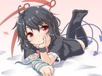  black_dress black_hair black_legwear dress heart houjuu_nue legs_up licking_lips looking_at_viewer lying natsu_no_koucha on_stomach red_eyes short_sleeves smile snake solo tongue tongue_out touhou 