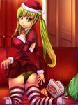  1girl :p alec ass bell breasts c.c. christmas code_geass from_behind green_eyes hand_on_ass hat high_heels kneeling long_hair looking_at_viewer looking_back panties pizza santa_costume santa_hat shiny shiny_skin sideboob skirt skirt_lift solo striped striped_legwear thighhighs tongue tongue_out twintails underwear yellow_eyes 