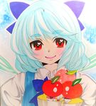 apple blue_background blue_dress blue_hair blush bow cirno collared_shirt dress eyebrows eyebrows_visible_through_hair food fruit hair_bow heart ice ice_wings looking_at_viewer matsuppoi pink_lips red_eyes shikishi shirt short_hair smile solo touhou upper_body white_background wings 