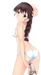  arm_behind_back arm_up ass bad_id bad_pixiv_id bad_proportions bikini braid brown_hair from_behind girls_und_panzer holding long_hair looking_at_viewer looking_back nksk pen rukuriri sandals single_braid smile solo standing swimsuit white_background white_bikini 