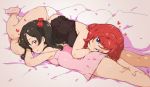  2girls artist_name ass_pillow bed_sheet black_hair black_shirt blush bow camisole chemise hair_bow hand_on_another&#039;s_leg heart looking_at_viewer love_live! love_live!_school_idol_project lying lying_on_person multiple_girls nishikino_maki off_shoulder on_side on_stomach panties pillow pink_chemise pink_legwear purple_eyes randou red_bow red_eyes red_hair shirt short_hair smile socks twintails underwear white_panties yazawa_nico yuri 