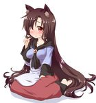  animal_ears barefoot blush brown_hair full_body hair_over_one_eye imaizumi_kagerou long_hair looking_at_viewer natsu_no_koucha red_eyes simple_background sitting solo touhou very_long_hair wariza white_background wolf_ears 