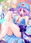  bare_shoulders barefoot between_breasts blush breasts cleavage commentary_request highres japanese_clothes large_breasts looking_at_viewer mouth_hold nagii_yuki off_shoulder pink_eyes pink_hair ribbon saigyouji_yuyuko smile solo touhou triangular_headpiece 
