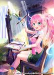  2015 absurdres ahoge aqua_eyes artist_name chair easel flower headphones highres light_rays long_hair looking_at_viewer md5_mismatch open_mouth paintbrush painting pink_hair ponytail shoonia sitting skirt solo sunbeam sunlight uni_(vocaloid) vocaloid 