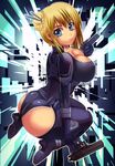  1girl alec ass blonde_hair blue_eyes bodysuit boots breasts cleavage female from_behind gun hair_bun hair_ornament high_heel_boots high_heels large_breasts looking_at_viewer looking_back nancy_lee ninja_slayer open_mouth parted_lips shiny shiny_skin sideboob sidelocks solo weapon 