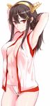  arms_behind_head arms_up blush breasts brown_hair haruna_(kantai_collection) kantai_collection large_breasts long_hair open_clothes poco_(backboa) pubic_hair simple_background smile solo underwear white_background 