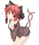  alternate_costume animal_ears bent_over blush bow braid breasts cat_ears cat_tail cleavage collarbone downblouse extra_ears hair_bow heart kaenbyou_rin looking_at_viewer medium_breasts multiple_tails naked_sweater natsu_no_koucha no_bra red_eyes red_hair simple_background solo sweater tail touhou twin_braids white_background 