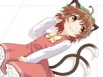  :3 animal_ears brown_eyes brown_hair cat_ears cat_tail chen dress frilled_dress frills hat multiple_tails natsu_no_koucha nekomata shirt short_hair smile solo tail touhou two_tails 