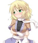  arm_warmers blonde_hair blush breast_rest breasts green_eyes half_updo holding_arm looking_to_the_side medium_breasts mizuhashi_parsee natsu_no_koucha pointy_ears scarf short_hair short_sleeves simple_background solo sweat touhou white_background 
