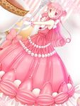  bad_id bad_pixiv_id bow cup curly_hair double_bun dress dutch_angle food_themed_clothes food_themed_ornament full_body gloves gulico_(otoca_d'or) long_hair momichika otoca_d'or oversized_object pink_bow pink_dress pink_eyes pink_hair smile solo spoon striped striped_background teacup tiara white_gloves 
