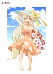  animal_ears arm_up armpits bare_arms barefoot blonde_hair blue_sky bow breasts brown_dress cleavage cloud collarbone day dress eyebrows fang floral_print fox_ears fox_tail hat hat_bow heart kohaku_(yua) large_breasts long_hair looking_at_viewer open_mouth original sky sleeveless sleeveless_dress slit_pupils smile solo strap_slip sundress tail thick_eyebrows yellow_eyes yua_(checkmate) 