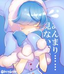  acedia_(otoca_d'or) animal_ears animal_hood bad_id bad_pixiv_id blue blue_background blue_bow blue_gloves blue_hair blush bow bunny_ears capelet gloves hair_over_eyes hitohira_(shiroringo48) hood lowres mittens otoca_d'or short_hair solo twitter_username 