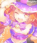  ;d bad_id bad_pixiv_id bell bow bracelet brown_hair crop_top envy_(otoca_d'or) fang hat hitohira_(shiroringo48) jewelry jingle_bell long_hair lowres one_eye_closed open_mouth orange_eyes otoca_d'or purple_bow smile solo striped striped_bow twitter_username 