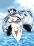  1girl akame_ga_kill! bikini blue_eyes blue_hair breasts cleavage esdeath female large_breasts long_hair sky solo swimsuit water 