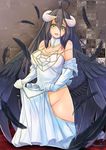  1girl ahoge albedo bare_shoulders bird_wings black_hair black_wings breasts cleavage demon_girl demon_horns detached_collar dress dress_lift elbow_gloves feathers gloves groin highres hip_vent horns jewelry large_breasts long_hair looking_at_viewer necklace no_panties open_mouth overlord_(maruyama) silk solo spider_web strapless strapless_dress very_long_hair white_dress white_gloves wings yellow_eyes 