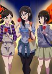  bad_id bad_pixiv_id bag black_hair blue_eyes brown_eyes brown_hair candy_apple colored_stripes food glasses hibike!_euphonium highres long_hair multiple_girls nakaseko_kaori ogasawara_haruka open_mouth pantyhose school_bag shirt striped striped_shirt tanaka_asuka tokifuyua_sora watch wristwatch 