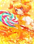  bow candy food hair_ornament hairpin highres lollipop mutsuki_uto orange_(color) orange_hair orange_skirt otoca_d'or red_eyes sailor_collar short_hair short_twintails skirt smile solo star star_hair_ornament sunny_(otoca_d'or) swirl_lollipop twintails yellow_background yellow_bow 