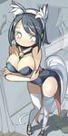  :&lt; animal_ears ass_visible_through_thighs bare_shoulders bell bell_collar black_hair blush breast_hold breasts bright_pupils cleavage coattails collar dressing_room dutch_angle embarrassed empty_eyes fake_animal_ears fake_tail foreshortening from_above green_eyes hairband horse_ears horse_girl horse_tail i_(deichi) indoors jingle_bell large_breasts leotard mary_janes mirror original perspective pink_footwear playboy_bunny_leotard shoes skirt skirt_removed solo standing strapless strapless_leotard tail thighhighs wardrobe white_legwear white_pupils 