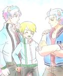  bad_id bad_pixiv_id blue_hair closed_eyes crossed_arms dual_persona green_hair hair_over_one_eye horns james_p._sullivan jersey male_focus michael_wazowski monsters_inc. monsters_university multiple_boys nagatobi necktie one-eyed personification smile time_paradox 