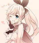  ;) bare_shoulders black_gloves black_ribbon blush bracelet clarisse_(granblue_fantasy) frilled_gloves frills gloves granblue_fantasy grin hair_ribbon heart jewelry kurimomo long_hair one_eye_closed ribbon smile solo upper_body v 