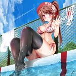  bikini blush brown_hair cameltoe chain-link_fence fence floral_print hat highres jotti long_hair o-ring o-ring_top original pointy_ears ponytail poolside red_eyes reimusan_(jotti) side-tie_bikini sitting soaking_feet solo strap_gap swimsuit thighhighs translation_request waving 