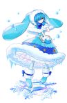  acedia_(otoca_d'or) animal_ears animal_hood blue_bow blue_dress blue_footwear blue_gloves blue_hair book boots bow bunny_ears capelet dress full_body gloves hair_over_one_eye highres hood ice mittens nekomissile otoca_d'or pantyhose petticoat print_coat short_hair snowflake_print snowflakes solo standing white_background white_legwear yellow_eyes 