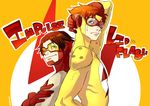  2boys back-to-back bart_allen bodysuit brown_hair character_name dc_comics family flash_(series) gloves goggles green_eyes impulse kid_flash male_focus multiple_boys red_hair simple_background wally_west yellow_eyes young_justice:_invasion 