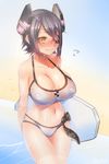  blush breasts cleavage doyouwantto eyepatch highres kantai_collection kickboard large_breasts midriff navel purple_hair short_hair solo swimsuit tenryuu_(kantai_collection) yellow_eyes 