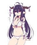  bandages bikini breasts chan_co cleavage cowboy_shot danua draph front-tie_top granblue_fantasy hair_between_eyes hand_to_own_mouth horn_ornament horns jewelry large_breasts layered_bikini long_hair navel necklace pendant pointy_ears purple_eyes purple_hair side-tie_bikini simple_background solo swimsuit white_background white_bikini 