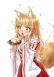  aburaage animal_ears blonde_hair food fox_ears fox_tail highres inarizushi japanese_clothes kazeno long_hair miko original solo sparkle sushi tail yellow_eyes 