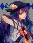  blue_hair bow dress food fruit grey_background hat highres hinanawi_tenshi leaf long_hair looking_at_viewer lyiet open_mouth peach puffy_sleeves red_eyes short_sleeves solo sword_of_hisou touhou upper_body watermark web_address 