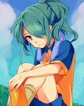  aqua_hair hair_over_one_eye highres inazuma_eleven inazuma_eleven_(series) kazemaru_ichirouta long_hair male_focus miyukiyo ponytail smile soccer_uniform solo sportswear towel 