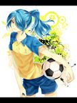  blue_hair hair_over_one_eye highres inazuma_eleven inazuma_eleven_(series) kazemaru_ichirouta long_hair male_focus ponytail smile soccer_uniform solo sportswear telstar washi_(micino) 