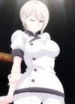  breasts buttons female gradient gradient_background highres holding_arm nakiri_alice one_eye_closed red_eyes screencap shokugeki_no_souma short_hair silver_hair solo standing stitched 