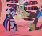  2015 antlers bdsm bondage bound chair cloth_gag cutie_mark discord_(mlp) duo equine female friendship_is_magic gag horn inside library male mammal my_little_pony quesadilla radiantrealm red_eyes rope rope_bondage sitting twilight_sparkle_(mlp) winged_unicorn wings 