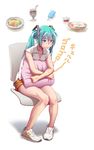  aqua_hair blue_eyes blush chair food full_body hatsune_miku hungry long_hair new_balance no_socks pigeon-toed pillow pillow_hug popsicle shaded_face simple_background sitting solo stomach_growling sweat twintails vocaloid wavy_mouth white_background wokada 