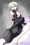  alternate_costume aqua_eyes black_bra black_footwear black_gloves black_legwear black_panties boots bra breasts collar cross-laced_footwear dominatrix elbow_gloves gin_(shioyude) gloves hamakaze_(kantai_collection) heart heart-shaped_lock heart_lock_(kantai_collection) heart_necklace high_heel_boots high_heels jewelry kantai_collection lace-up_boots large_breasts leash leather leather_boots lingerie looking_at_viewer necklace panties short_hair silver_hair sitting solo thigh_boots thighhighs underwear whip 
