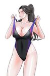  bare_shoulders black_eyes black_hair breasts chiba_shuusaku competition_swimsuit covered_nipples executive_mishiro hair_pulled_back highres idolmaster idolmaster_cinderella_girls large_breasts long_hair one-piece_swimsuit sideboob solo sweatdrop swimsuit thighs twitter_username 