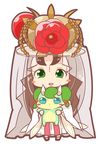  :d blush_stickers bridal_veil brown_hair chibi facial_mark flower forehead_mark green_eyes hat highres holding japanese_clothes kushinada_(p&amp;d) long_hair open_mouth pikomarie puzzle_&amp;_dragons simple_background smile solo veil white_background 