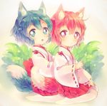  1girl :o animal_ears blue_eyes blue_hair blush bow braid brother_and_sister chibi closed_mouth dorothy_west fox_ears fox_tail hakama_skirt japanese_clothes leona_west looking_at_viewer otoko_no_ko pink_hair pretty_(series) pripara red_eyes ribbon-trimmed_sleeves ribbon_trim rukako short_hair siblings sitting tail tasuki twins wariza 