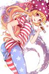  american_flag_dress american_flag_legwear ass bent_over blush breasts clownpiece covered_nipples dress dress_lift hat jester_cap long_hair looking_at_viewer open_mouth pantyhose print_legwear qunqing red_eyes short_sleeves small_breasts smile solo star striped striped_dress touhou 