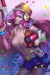  blue_eyes breasts gradient gradient_background hair_over_one_eye hat league_of_legends lipstick long_hair looking_at_viewer makeup miss_fortune navel nipples pink_hair skirt solo topless web_address 
