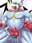  anthro ballbusting cape clothing cock_and_ball_torture digimon dragon drooling front_view gloves horn male musclegut open_mouth ouch pain pecs penis_outline saliva scalie screaming solo_focus sweat tenting veedramon white6000 