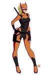  armor artemis_crock blonde_hair bodysuit boots brown_eyes dc_comics fingerless_gloves full_body gloves hand_on_hip lipstick long_hair looking_at_viewer makeup mask pose signature simple_background solo standing thigh_strap weapon white_background young_justice:_invasion 
