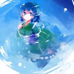  bad_id bad_twitter_id blue_eyes blue_hair drill_hair head_fins japanese_clothes kimono long_sleeves looking_at_viewer mermaid monster_girl nr_(cmnrr) obi partially_submerged sash short_hair smile solo touhou wakasagihime water wide_sleeves 