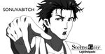  :d artist_name collarbone greyscale lawdelgado looking_at_viewer monochrome okabe_rintarou open_mouth parody profanity slang smile steins;gate v-shaped_eyebrows white_background 
