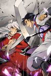  action animal_ears bankotsu_(inuyasha) battle black_hair braid clash clenched_teeth dog_ears duel inuyasha inuyasha_(character) japanese_clothes jewelry long_hair looking_at_another male_focus multiple_boys mumu2126 necklace pearl_necklace single_braid sword teeth weapon 