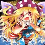  american_flag_dress american_flag_legwear bad_id bad_pixiv_id blonde_hair blush clownpiece fairy_wings hands_on_own_face hat heart heart-shaped_pupils jester_cap long_hair looking_at_viewer negi_(ngng_9) open_mouth pantyhose print_legwear red_eyes short_sleeves smile solo star striped symbol-shaped_pupils touhou wings 