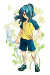  blue_hair full_body hair_over_one_eye inazuma_eleven inazuma_eleven_(series) kazemaru_ichirouta long_hair male_focus mizuno_eita ponytail smile soccer_uniform solo sportswear 